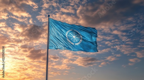 UN flag waving sunset sky peace global diplomacy photo