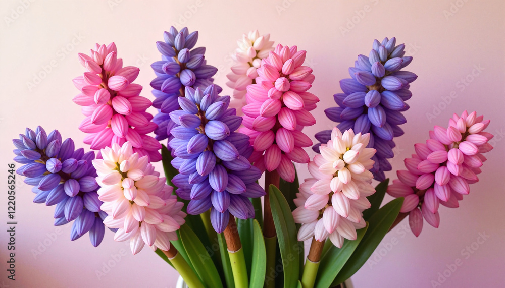 Fototapeta premium Vibrant hyacinth flowers in vase, indoor floral elegance