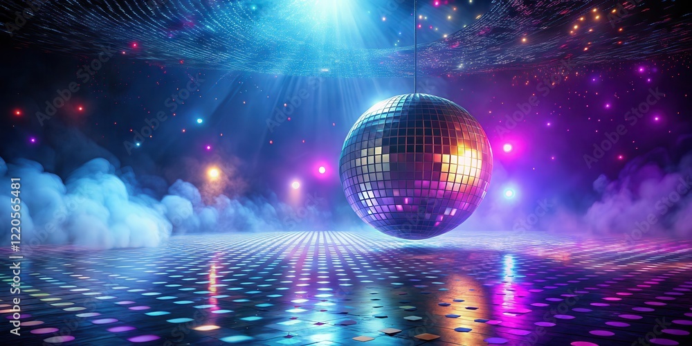 Neon-lit dance floor with glitterball spinning wildly Neon-lit dance floor with glitterball spinning wildly