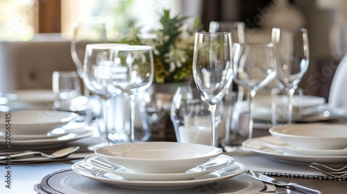 A table set for dinner with white plates, silverware, and wine glasses.