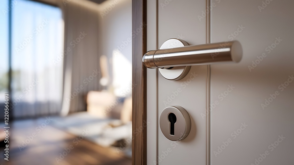 Obraz premium Real Estate Concept. Closeup open door with door handle, modern reliable metal door with wooden interior decor and triple seal