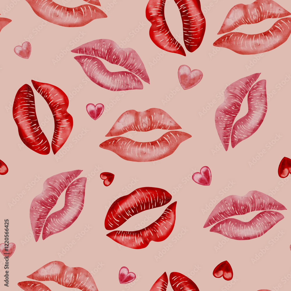 Seamless pattern with colorful lipstick kiss on white background. Repeating texture of multicolored lip prints for wrapping paper and fabric. Kiss. Happy Valentine's Day. Seamless pattern with colorful lipstick kiss on white background. Repeating texture of multicolored lip prints for wrapping paper and fabric. Kiss. Happy Valentine's Day.