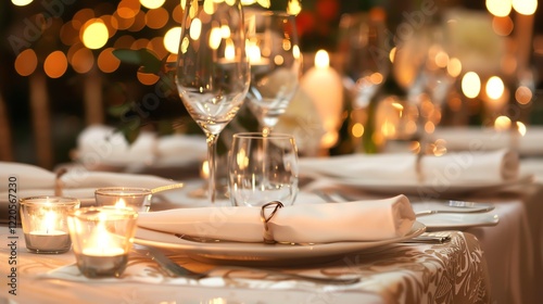 A table setting with candles and white plates and silverware.
