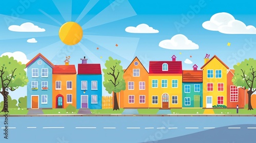 A cartoon illustration of a colorful street with houses and trees.