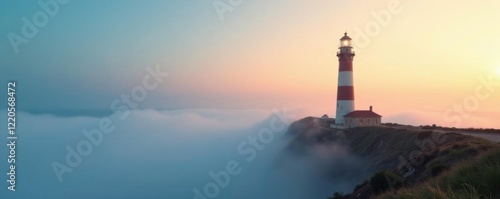 Fog swirls around base of tall lighthouse tower, Atmospheric, Nature, Morning