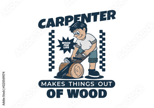 Illustration of a Carpenter sawing a block of wood