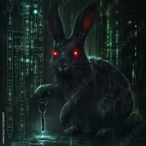 Bad Rabbit ransomware virus, vector illustration. Dangerous Cryptographer icon. Evil rabbit with red eyes, key and binary code, symbol of encryption