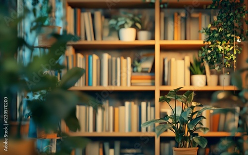 Blurred background of a cozy home library with bookshelves and plants. Generative  with generative ai 