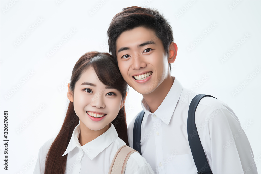 Asian students smiling together on white background, representing diversity, positivity, and collaboration in a university or academic setting. For school. Isolated images. Asian students smiling together on white background, representing diversity, positivity, and collaboration in a university or academic setting. For school. Isolated images.