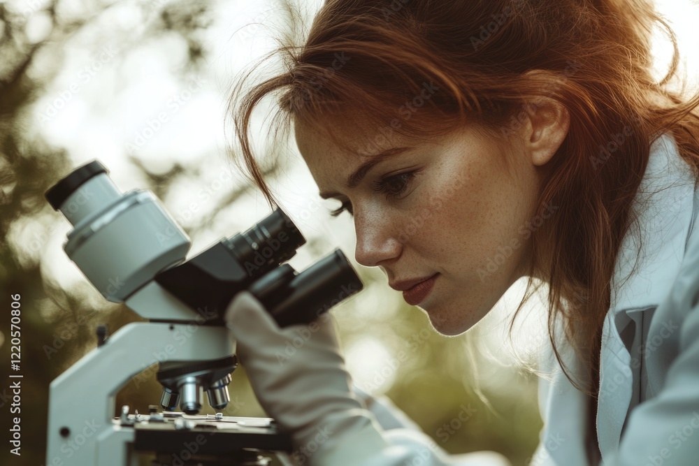 Fototapeta premium Focused scientist meticulously examines a specimen through a microscope, engrossed in research.