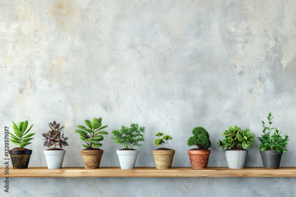 Premium Quality Image of a Row of Potted Plants Are on a Wooden Shelf Premium Quality Image of a Row of Potted Plants Are on a Wooden Shelf