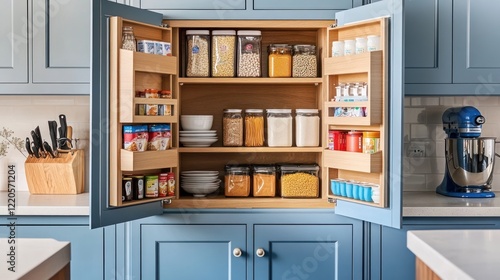 Organized Kitchen Pantry: Blue Cabinets and Wooden Pull-Outs photo