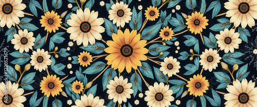 Wallpaper Mural A floral patterned background with yellow and blue flowers. The flowers are arranged in a way that creates a sense of movement and depth. Scene is cheerful and vibrant Torontodigital.ca