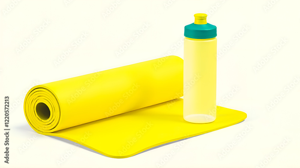 on the surface is a rolled-up yellow fitness mat and a sports water bottle