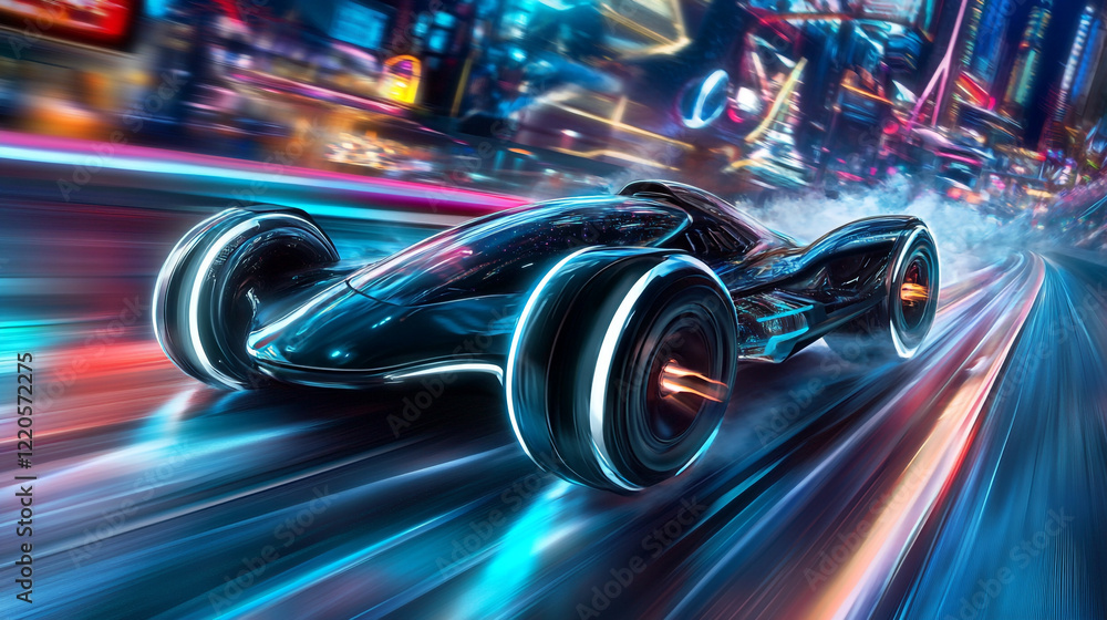 Fototapeta premium Futuristic Race Car Speeding Through Neon City Night Red Fast Blur Blue Pink Power Lights Motion 