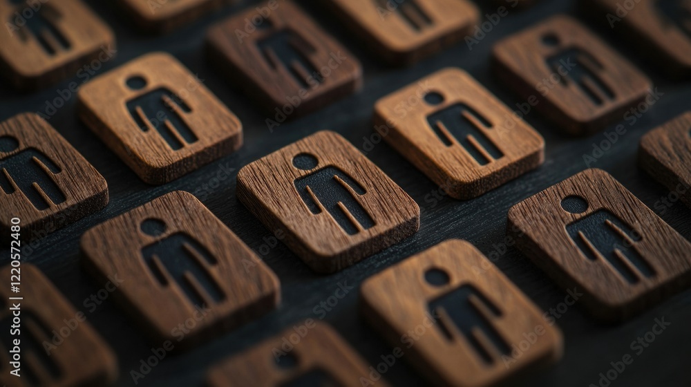 Close-up of wooden male figure icons arranged in a grid, symbolizing community, diversity, and connection in a modern setting. Close-up of wooden male figure icons arranged in a grid, symbolizing community, diversity, and connection in a modern setting.