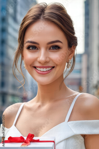 portrait of a woman holding a giftbox, city urban background Free Download portrait of a woman holding a giftbox, city urban background - GFXLoad