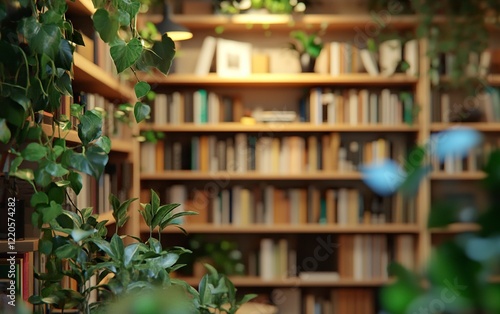Blurred background of a cozy home library with bookshelves and plants. Generative  with generative ai 