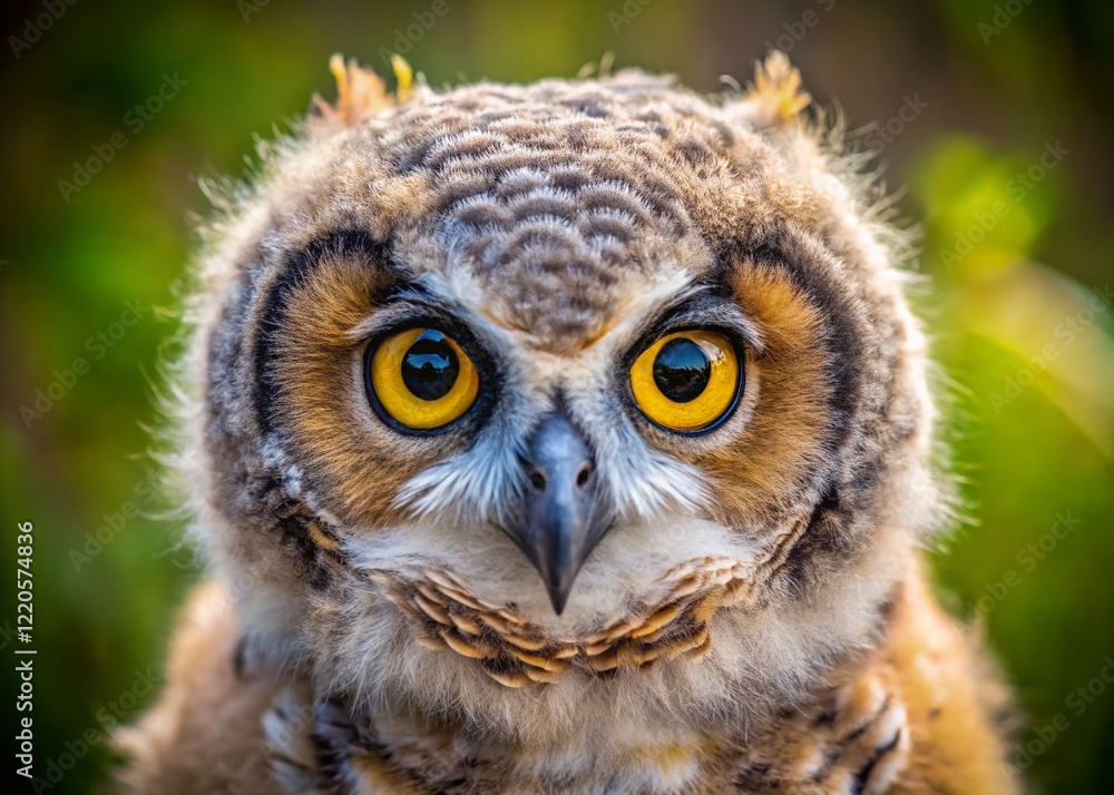 Obraz premium Adorable Great Horned Owlet Close-Up: Macro Photography of Baby Owl Eyes