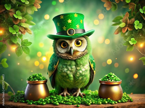 Adorable Green Owl Celebrates St. Patrick's Day in Festive Hat - Stock Photo photo