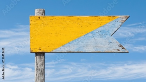 A vibrant wooden directional sign with yellow and blue colors against a clear blue sky, symbolizing guidance and travel. photo