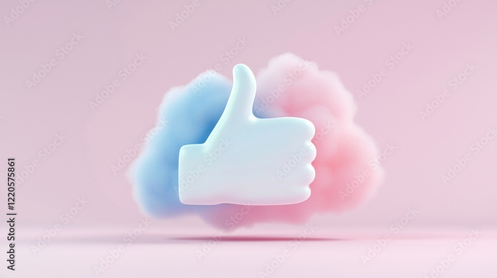 Fototapeta premium Stylized thumb up sign surrounded by pastel clouds, symbolizing positivity and approval in a modern design.