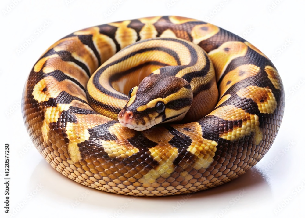 Adorable Pinstripe Ball Python Curled Up, Detailed Headshot - Isolated on White Adorable Pinstripe Ball Python Curled Up, Detailed Headshot - Isolated on White