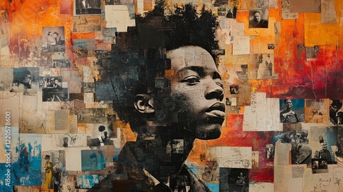 Abstract portrait of a young man with layered vintage photographs and bold brushstrokes creating an evocative work of art