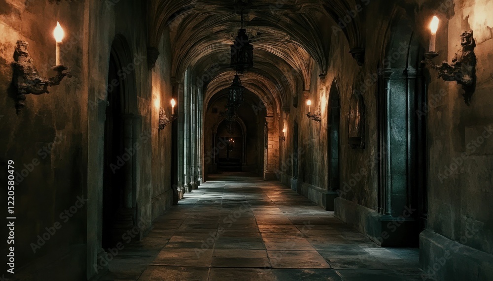 Mysterious Gothic Arched Hallway illuminated by candlelight and lanterns Mysterious Gothic Arched Hallway illuminated by candlelight and lanterns