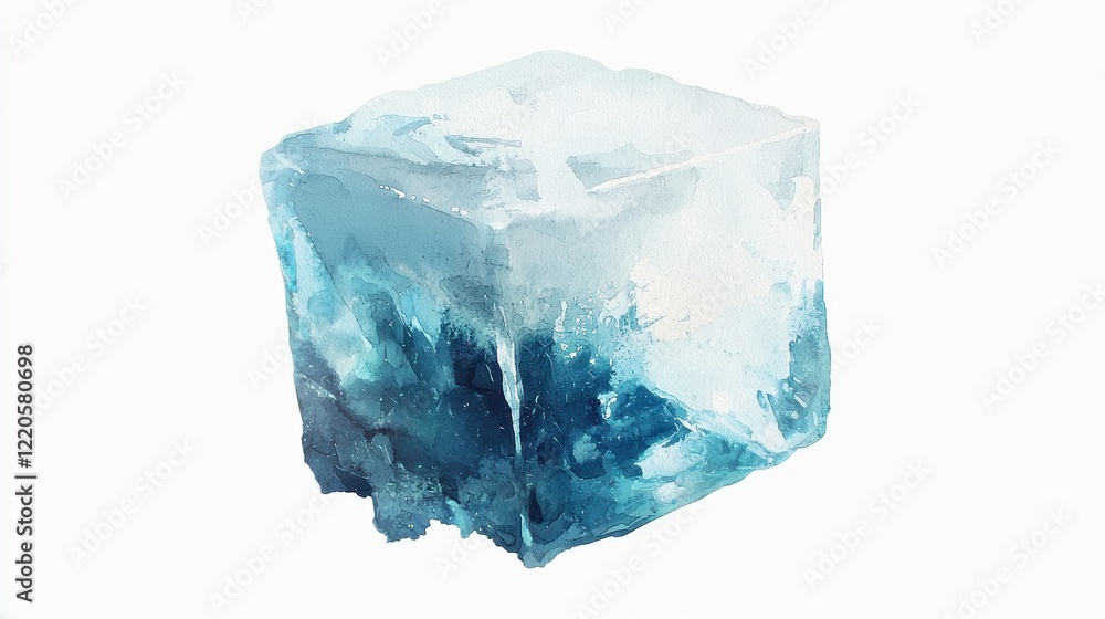 Obraz premium Ice cube illustration, vibrant watercolor effect, isolated on clean white backdrop, perfect for digital design projects, featuring die-cut clipart style for versatile use