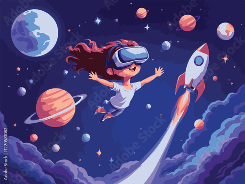 Exploring the Cosmos with Virtual Reality - Kids' Vector Illustration