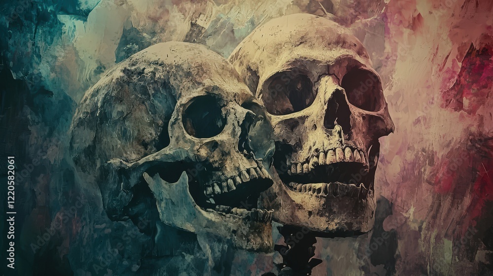 Two human skulls in an artistic rendering with vibrant hues and dramatic shadows on an abstract textured background, symbolizing mystery and mortality. Perfect for dark art and surreal concepts.