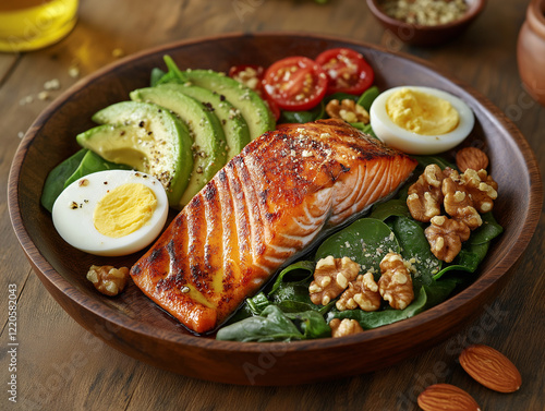 Grilled Keto Salmon with Spinach, Almonds, and Fresh Garnishes