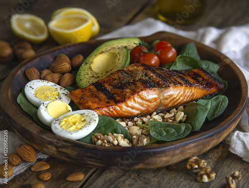 Grilled Keto Salmon with Spinach, Almonds, and Fresh Garnishes