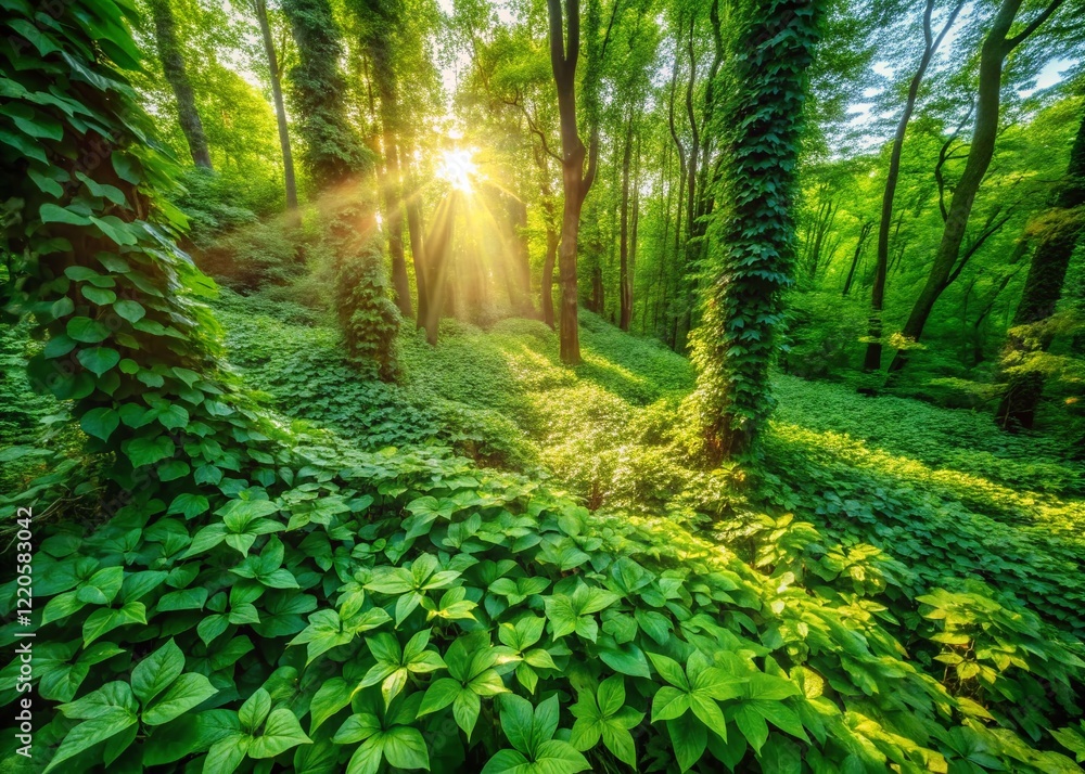 Fototapeta premium Aerial Drone Shot of Poison Ivy Vine Spreading Across Forest Floor