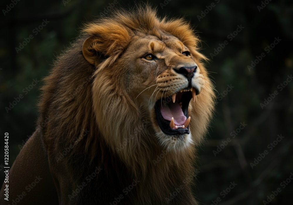 A lion standing in the forest with a blurred dark background, wild life
A lion standing in the forest with a blurred dark background, wild life