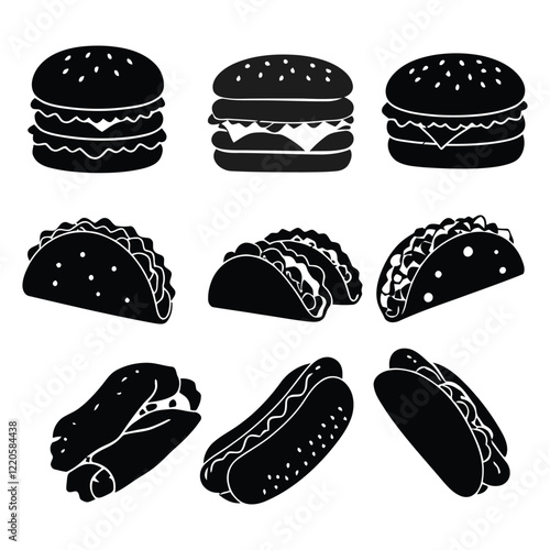 Fast Food Icon set Solid silhouette vector collection with white background 