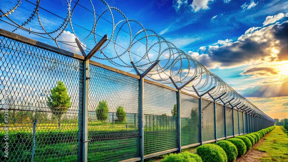 Obraz premium Close-up view of a secure electric fence razor wire perimeter wall.