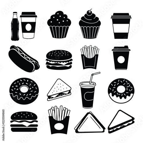 Fast Food Icon set Solid silhouette vector collection with white background 