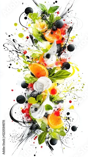 Fresh fruit splash, vibrant colors, white background, healthy eating, food advertising