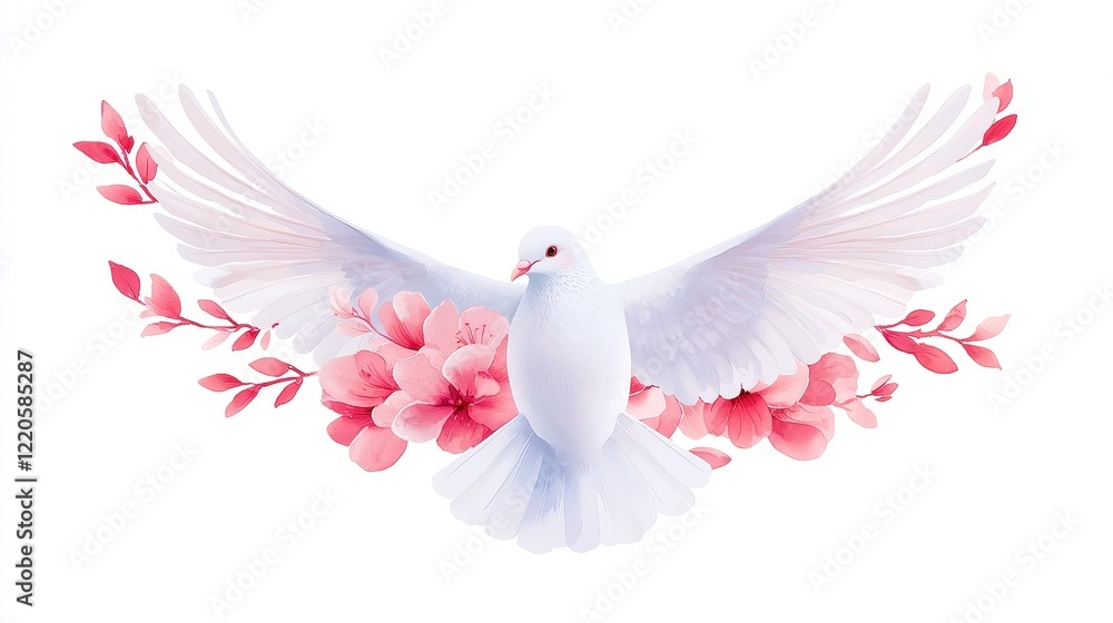 Fototapeta premium Graceful white dove soaring with wings spread wide, elegant watercolor illustration on a pure white backdrop, perfect for digital designs and artistic projects.