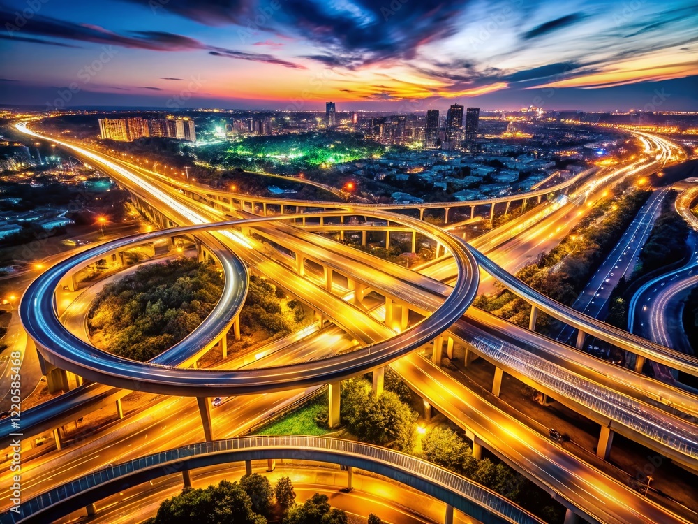 Fototapeta premium Aerial Night View of Illuminated Highway Interchange with High Depth of Field