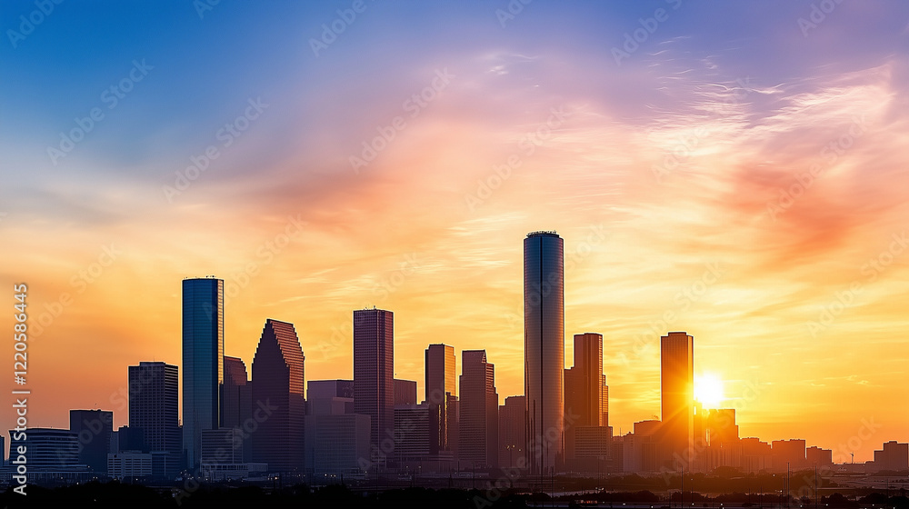 Fototapeta premium City Skyline Silhouette at Sunset with Vibrant Colors