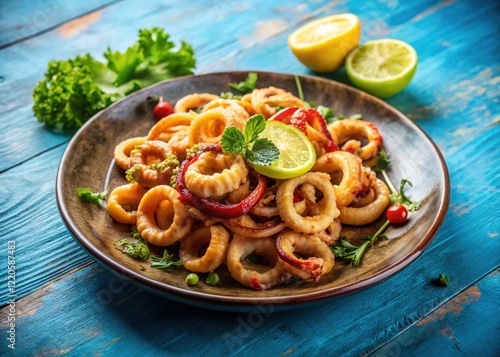 Exquisite Calamares en su Tinta Dish - Blue Background - High-Quality AI Art photo