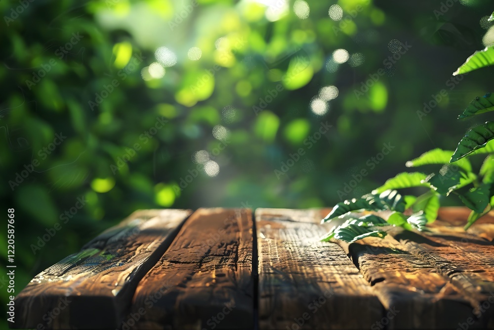 A hyper-realistic close-up of a rustic wooden table with visible grain patterns and natural imperfections, placed in an outdoor setting. The background features vibrant green foliage blurred A hyper-realistic close-up of a rustic wooden table with visible grain patterns and natural imperfections, placed in an outdoor setting. The background features vibrant green foliage blurred