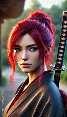 Photo of a female swordsman with red hair, sharp face, wearing a black samurai outfit, novel cover, wallpaper photo