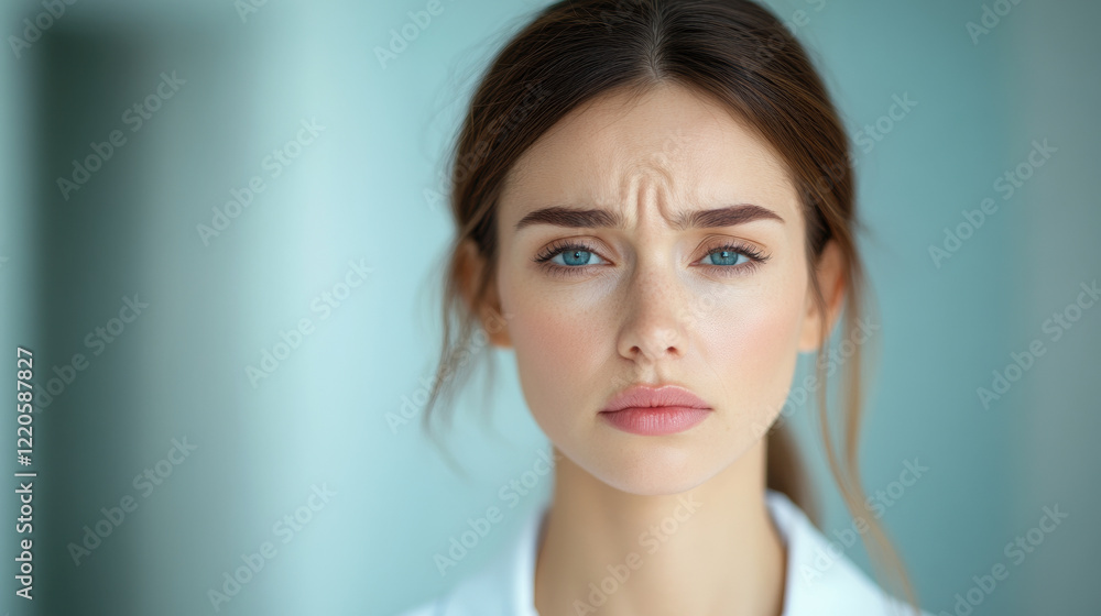 Pensive young Caucasian woman with furrowed brow expressing contemplation in soft focus portrait Pensive young Caucasian woman with furrowed brow expressing contemplation in soft focus portrait