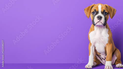 Adorable boxer puppy sitting against vibrant purple background, showcasing its playful nature and charm