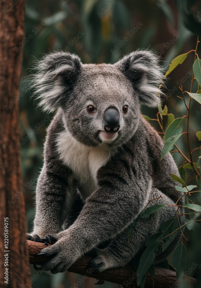 Obraz premium A koala in a dark forest with a blurred background