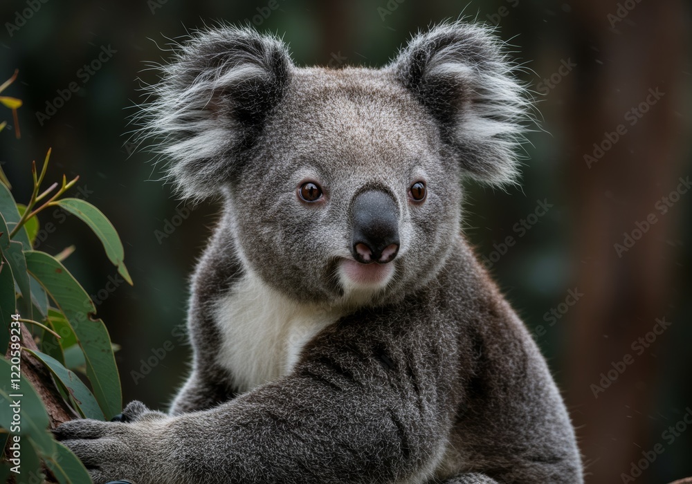 Naklejka premium A koala in a dark forest with a blurred background